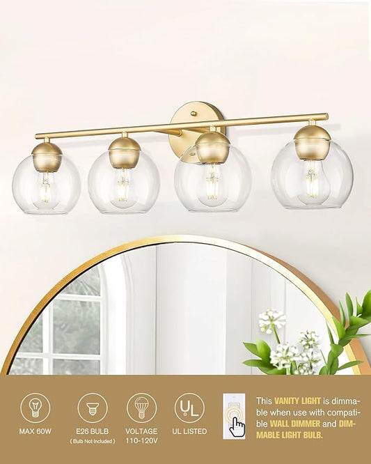 Emak Gold Vanity Lights, Modern Globe Bathroom Light Fixtures, 29 Inch 4-Light Bathroom Vanity Light with Clear Glass Shade for Bath, VL114-GD-4