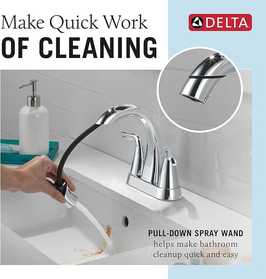 Delta Arvo Pull-Down Centerset Bathroom Faucet, Chrome Bathroom Sink Faucet, Bathroom Faucet with Pull Out Sprayer, 3-Hole Bathroom Faucet, Chrome 25840LF-PD