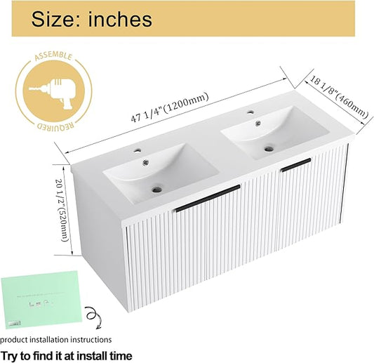 Malwee 48" Bathroom Vanity with Sink, 48 inch Double Sink Floating Vanity, Wall Mounted Bathroom Basin Cabinet Combo, Modern White Bath Vanity Cabinet Set with Storage(MA10348DWH)