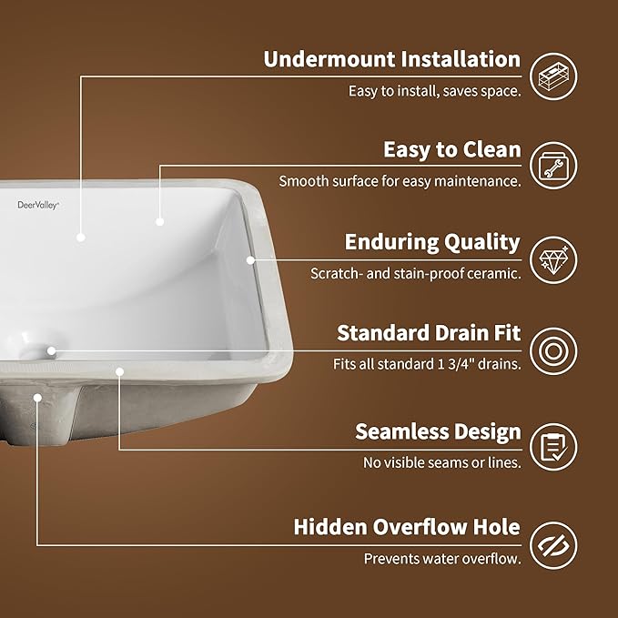 DeerValley DV-1U101 Ally Undermount Bathroom Sink Rectangular, 21'' x 14.72'' Vessel Sink Undermount Bathroom Sink White Ceramic Lavatory Vanity Vessel Sink with Overflow