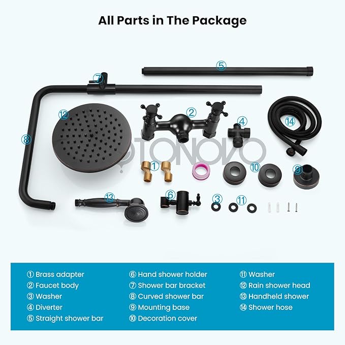 gotonovo Exposed Shower System 8’’ Head with Handheld Oil Rubbed Bronze | Brass Exposed Bathroom Shower Faucet Set Fixture,6’’ Hole Distance,2 Cross Handle,Adjustable Height,Wall Mount Indoor/Outdoor