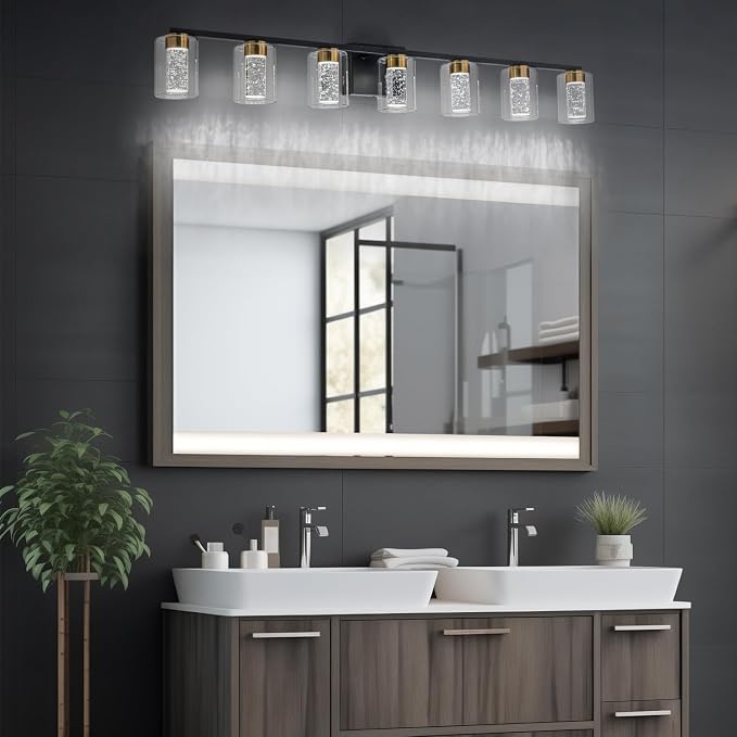 SineRise 7-Light Black and Gold Vanity Light with 3 Color Modes (3000K/4000K/6000K), Eye Protection LED Bathroom Light Fixture, Dimmable Modern Wall Light Over Mirror with Clear Glass Shade
