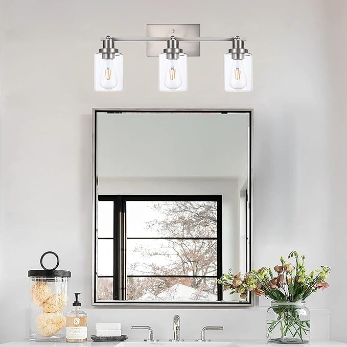 MELUCEE 3 Light Bathroom Vanity Light Brushed Nickel Track Lighting Fixtures Ceiling, Wall Light Fixtures with Rotatable Track Head for Hallway Porch Foyer Bath Storage, Clear Glass Shade