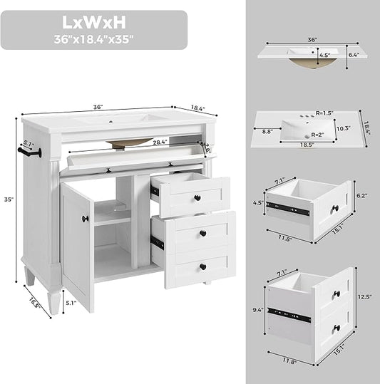 LIKIMIO 36 Inch Bathroom Vanity with Sink, Towel Holder & Adjustable Solid Wood Legs for Uneven Floor, Modern Bathroom Storage Cabinet with Tip-Out Drawer, 2 Drawers & Adjustable Shelf, White