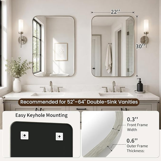 2-Pack 22x30 Inch Brushed Nickel Rounded Rectangle Vanity Mirrors | Double Vanity or Two Bathrooms, Pair or Separate Use, Aluminum Frame, Slim Front Profile, Two-Way Mount