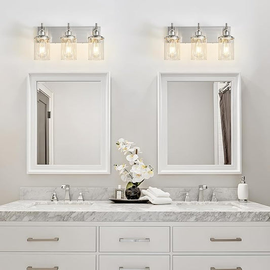 3-Light Brushed Nickel Bathroom Light Fixture Over Mirror Modern Bathroom Vanity Light Vintage Wall Lighting with Clear Glass Shade for Bathroom, Bedroom, Hallway, Cabinet