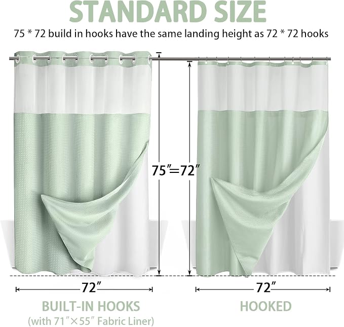 No Hook Shower Curtain with Liner Set Hotel Waffle Mint Green 72W X 75L | Washable Snap in Fabric Liner, Mesh Top Window, Waffle Hotel Style Shower Curtain Set