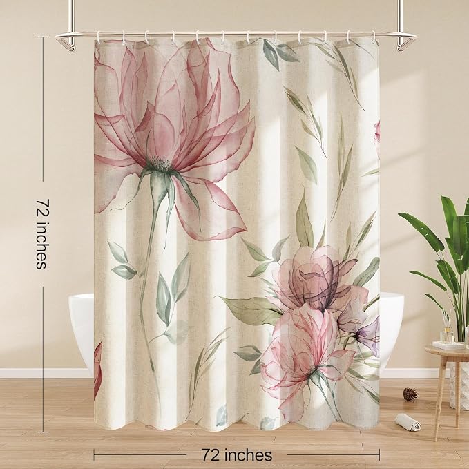 Litabel Farmhouse Pink Floral Linen Shower Curtain, Boho Vintage Spring Cotton Shower Curtains for Chic Elegant Bathroom Decor, Ink Painting Style Blossom Fabric Bath Curtain, 72 x 72