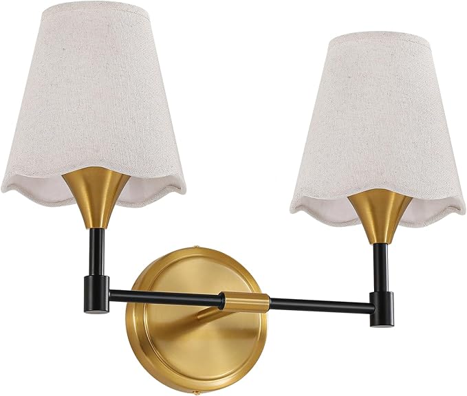 Black Gold Bathroom Light Fixtures: Farmhouse Bathroom Vanity Lights over Mirror with Flared Fabric Shade, Vanity Lighting Fixtures, 2 Light Wall Sconces Lighting for Bedroom Hallway Living Room