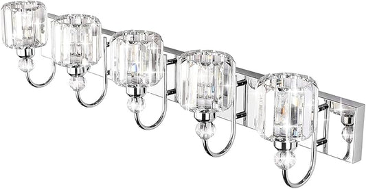 Ralbay Modern LED Crystal Bathroom Vanity Lights 5-Lights Stainless Steel Crystal Vanity Lights Over Mirror Modern Crystal Bathroom Vanity Lighting Fixtures
