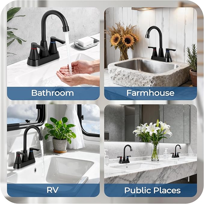 Black Bathroom Faucet 3 Hole, 4 Inch 2-Handle Centerset Bathroom Sink Faucet, Faucet for Bathroom Sink 360° Swivel Bathroom Faucets RV Lavatory Vanity Faucet with Pop-up Drain