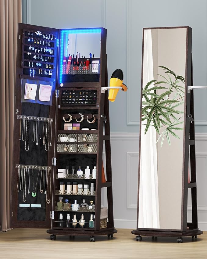 360 Rotating Jewelry Armoire Organizer with Lights, Lockable Cabinet Standing, Perfect for Christmas Gifts (Brown)