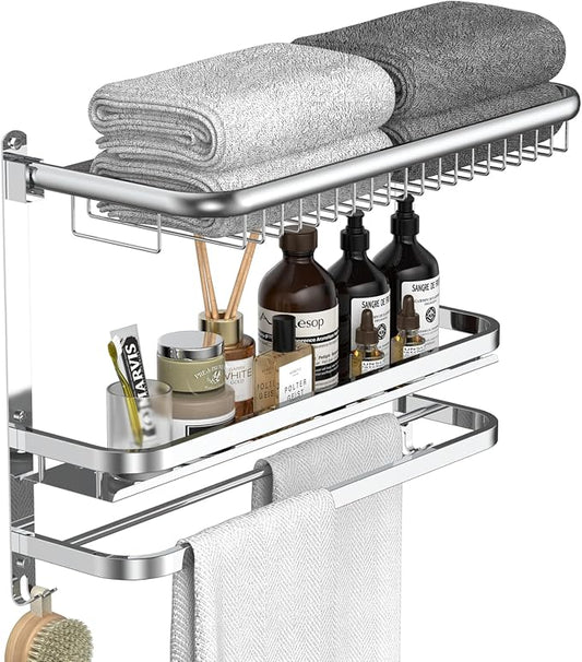 23 Inch Towel Rack for Bathroom with 3 Tier Shelf Double Bar Hook (Silvery) | 90 Degree Foldable Top Design, Wall Mounted Storage Shelf of 304 Stainless Steel, No Drill or Screw Installation