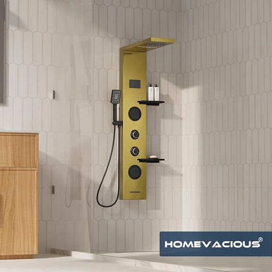 Homevacious 4 In 1 Shower Panel System with Shelf Polished Gold | LED Rain Shower Head Adjustable Massage Body Jets 3 Functions Handheld Head Tub Spout Stainless Steel