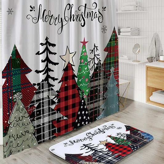 Clara Clark Bathroom Set - Christmas Shower Curtain Set, 19PC Bathroom Accessories Set, Christmas Bathroom Decor, Xmas Bathroom Accessory Set, Soap Dispenser, Toilet Brush, & Trash Can