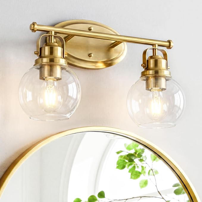 Gold Bathroom Light Fixtures, 2-Light 14" Vanity Lights with Clear Globe Glass Shades, Farmhouse Vintage Vanity Lighting Fixtures Over Mirror, E26 Base, AD-2147-2W-BG