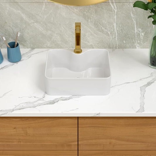 Lordear Bathroom Vessel Sink 16"x12" Rectangle Above Counter White Porcelain Ceramic Modern Vanity Sink Art Basin Sink for Bathroom