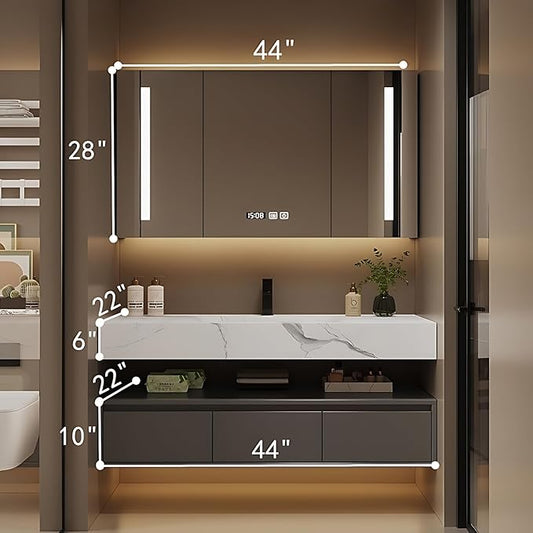 Bathroom Vanity with Sink - Single/Double Sink Bathroom Vanity Cabinet & LED Smart Defogger Mirror Cabinet Set, Modern Floating Vanity, Wall-Mounted Installation (44",Single Sink)