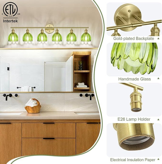 Vintage Bathroom Light Fixtures,6-Light Hardwired Vanity Lights with Green Tulip Glass Shade,Gold Bathroom Vanity Light for Mirror Restroom,E26 Socket,40.55 in(Bulbs Not Included)