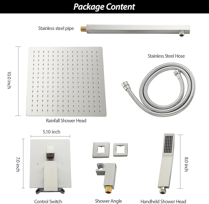Lordear Rain Shower System 10 Inch Faucet Set Brushed Nickel Finish Stainless Steel Square Rainfall Shower Head with Handheld, Solid Brass Valve Included