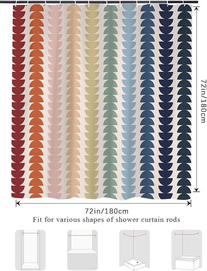 Modern Geometric Shower Curtain, Vintage Rainbow Mid-Century Abstract Art Design Bath Curtains for Bathroom, Colorful Semicircular Pattern Waterproof Polyester Fabric Bathroom Set 12 Hooks 72X72IN