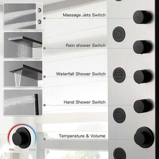 Shower Panel Tower System with Rainfall Shower Head | 5 Body Jets and Handheld Shower Head Modern Massage Shower System Brushed Nickel by Homevacious