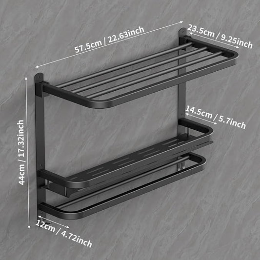 CAXIMSY 22.8Inch Towel Rack for Bathroom and Lavatory Towel Hanger with Wall Mount Towel Bars 304 Stainless Steel No Drill (Collapsible Black Towel Rack with Bathroom Organize Shower Shelves)
