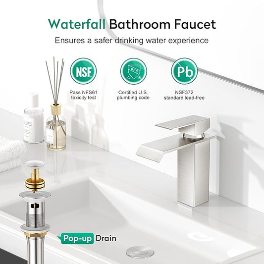 CREA Waterfall Bathroom Faucet 1 Hole,Brushed Nickel Bathroom Faucet Single Handle Bathroom Sink Faucet with Pop Up Drain Stopper/ 3 Hole Plate,Stainless Steel RV Vanity Faucet Basin Mixer Tap