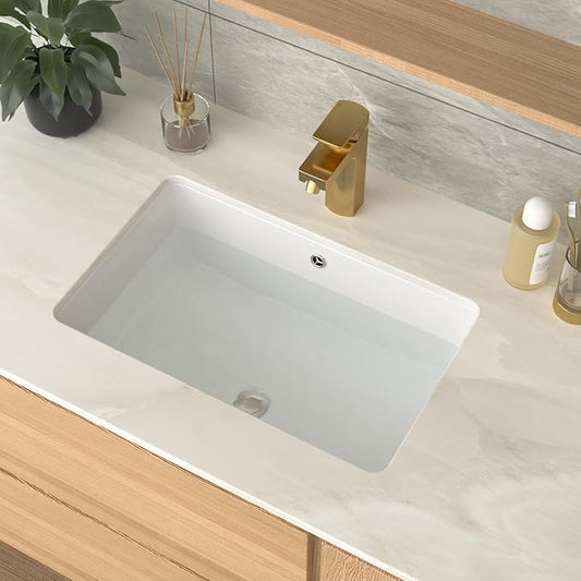 21 Inch Undermount Bathroom Sink Rectangular - 21"x13" White Rectangle Porcelain Ceramic Vessel Sink with Overflow,Under Counter Lavatory Vanity
