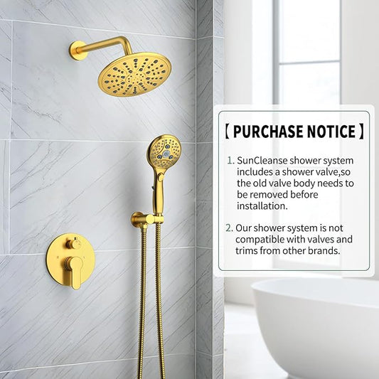 SunCleanse Brushed Gold 8.5'' Rain Shower System w/Handheld & Valve Kit | 2-IN-1 Shower Faucet Set, 7-setting Handheld Shower Head Combo, Rough-in Pressure-balanced Valve and Trim Kit