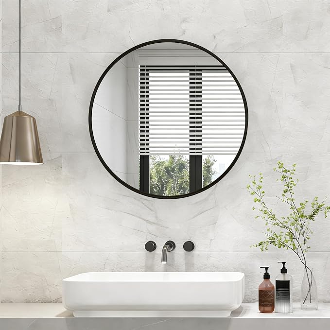 NEWBULIG 28 Inch Round Wall Mirror, Bathroom Mirrors for Over Sink | Metal Framed Circle Vanity Mirror, Wall Decor for Bedroom, Entryway, Anti-Rust, Tempered Glass, Hanging or Leaning, Black