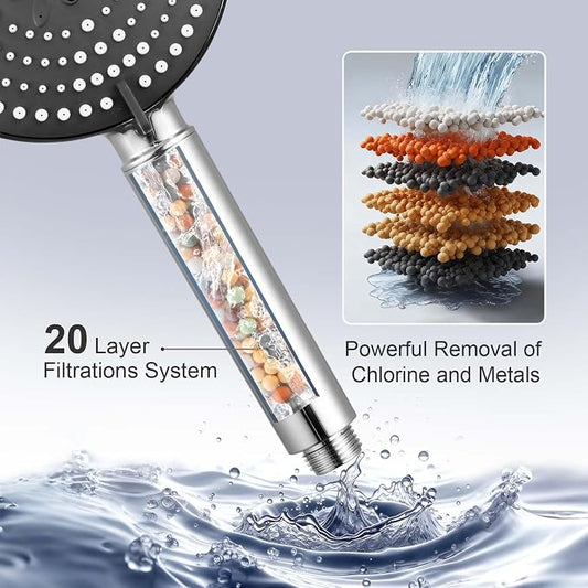 OFFO Filtered Shower Head with Handheld, 20 Stage Shower Head with Filters for Hard Water with 60" Stainless Steel Hose & Holder, 6 Modes High Pressure Shower Head to Remove Chlorine, Chrome