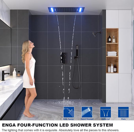 ENGA Oil Rubbed Bronze Dual Rain Shower Head System, 2 In 1 Functions Ceiling Mount 14x20inch LED Shower Head with 6 Inch Shower Head, Rainfall Waterfall Shower Faucet Set