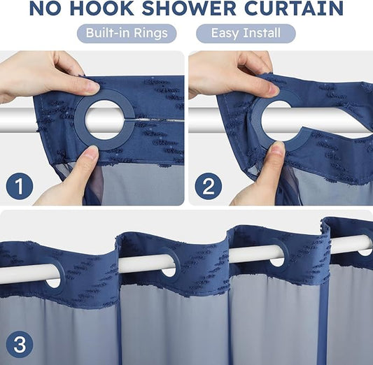 FADOTY Blue No Hook Shower Curtain Set with Snap in Liner, 71'' x 86'' | Bathroom Hotel Fabric Curtain, Waterproof Washable Liner, See Through Top Window, Ringless Chevron Tufted Cloth Curtain