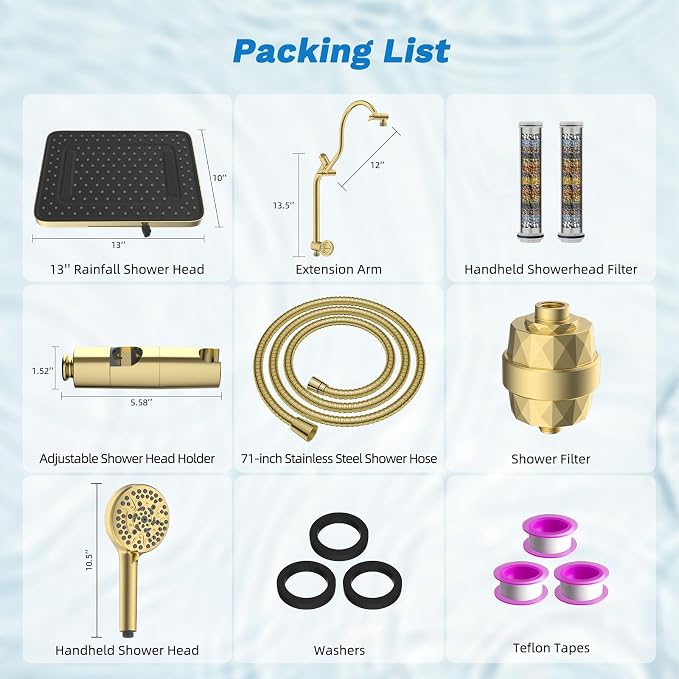 Hibbent 5-spray Dual Filtered Rainfall Shower Head with 10 Spray Handheld | High Pressure 13'' Showerhead Combo, Easy Reach 4-way Diverter Arm with Pause Mode, 71'' Hose & Holder, Brushed Gold