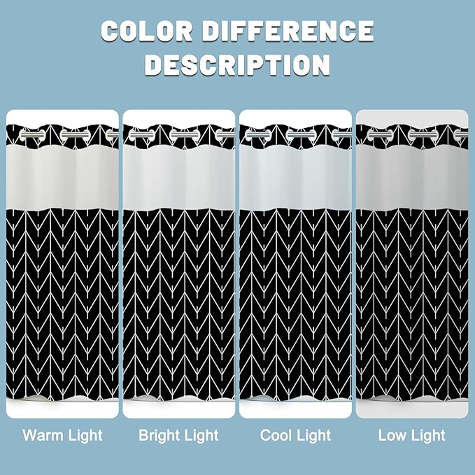 Black White Herringbone No Hook Shower Curtain with Liner, 71 x 74 | Stripe Pattern,Waterproof,Quick Dry,Mesh Top Window,Bottom Magnets,Hotel Style,Machine Washable,Modern,for Bathroom