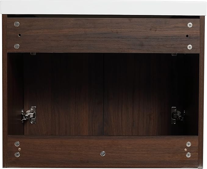24in Wall Mount Bathroom Vanity w/Sink Combo for Small Space, Resin Countertop Double Door Modern Walnut Bathroom Vanity Cabinet