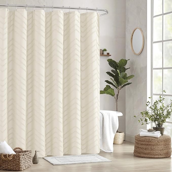 Extra Long 72 x 96 Cream Shower Curtain Boho Farmhouse Shower Curtain Tufted Chevron Textured Minimalist Shower Curtains for Bathroom