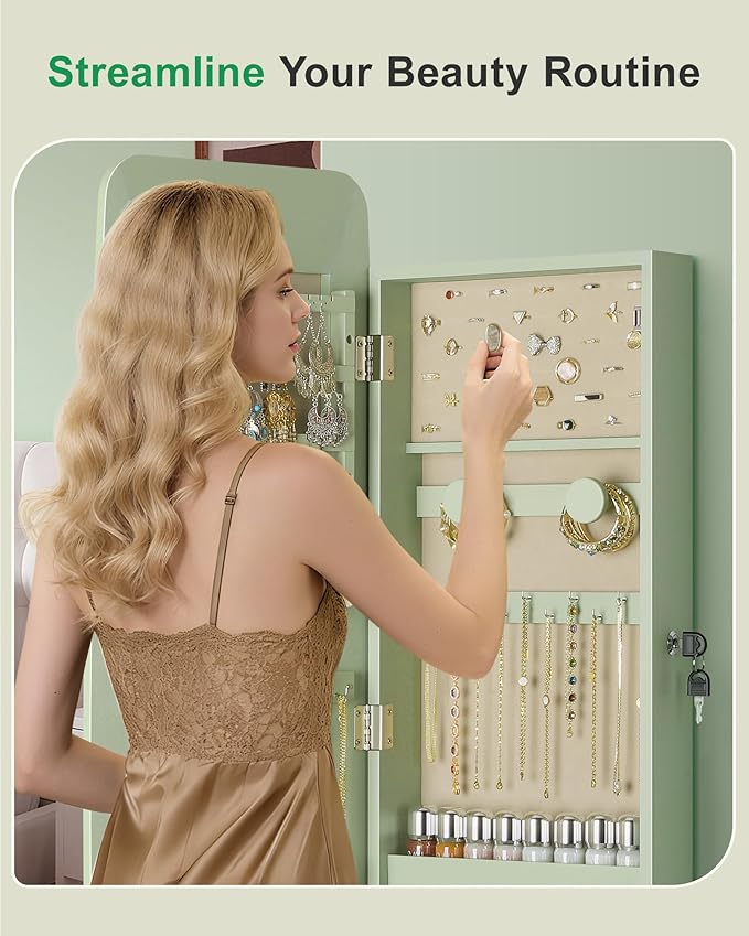 Nicetree Rounded Mirror Jewelry Cabinet, Lockable, Wall Mounted, Green | Hanging Jewelry Armoire Organizer, Rounded Armoire with Full Length Mirror,Wide Mirror with Storage,Gift Idea,Lock