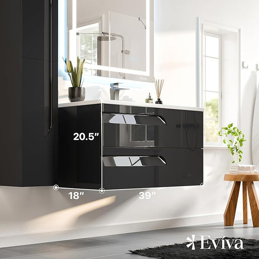 Eviva Joy 40 in. Black Wall MountSingle Sink Bath Vanity with Porcelain Top and Integrated Sink