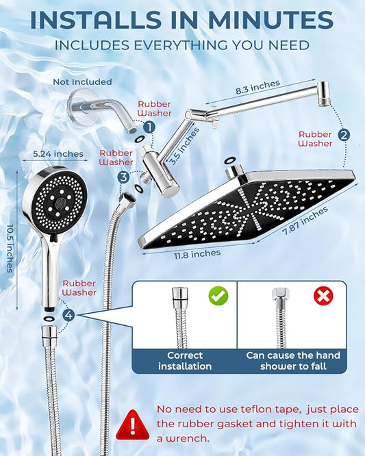 Shower Head with Handheld,High Pressure Chrome Rain Shower Head | Regaderas Para Shower,11.8" Rectangular,Rainfall Shower Head,Dual Shower Head,Bathroom Decor,Extension Arm,7 Spray Mode