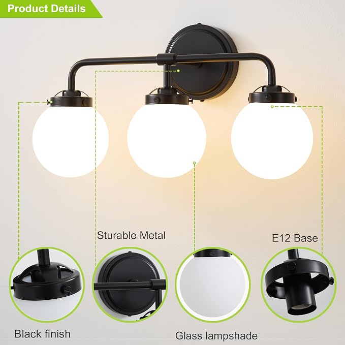 Bathroom Light Fixtures 18.3in 3-Light Matte Black Vanity Lights for Mirror | Dimmable Bathroom Lighting Fixtures over Mirror, ETL, E12 Base Max 60W, Modern Wall Sconce, Milky White Glass Ball Shades