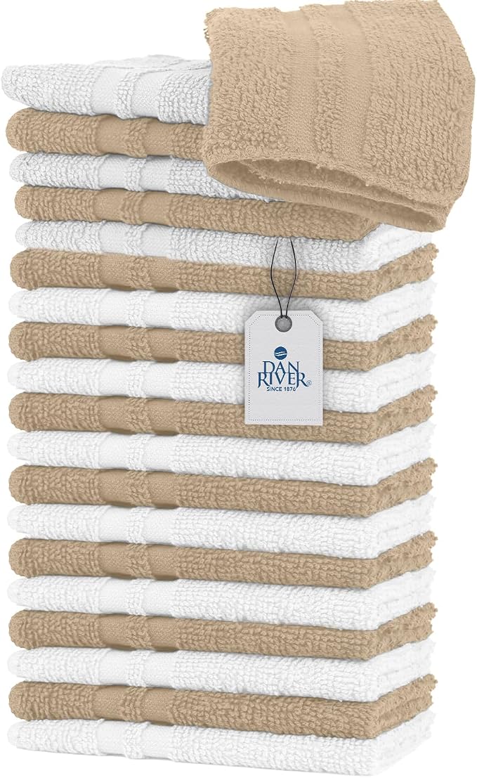 DAN RIVER 100% Cotton Washcloths 20 Pack Premium Quality Face and Body Cloth, Quick Dry Essential Towels for Bathroom, Hand, Kitchen & Cleaning, Baby Washcloths | 11X11 in | 400 GSM | Tan + White
