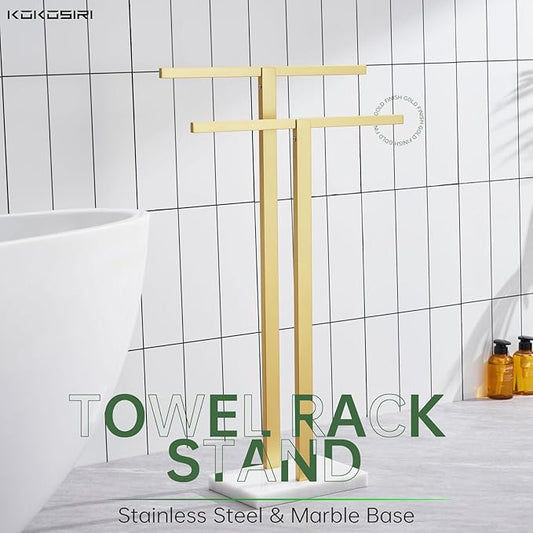 KOKOSIRI Bathroom Towel Rack 2-Tier Standing Towel Bars with Marble Base, Stainless Steel Freestanding Towels Holder, Thicken Steady Design, Brushed Gold THS0003-BG