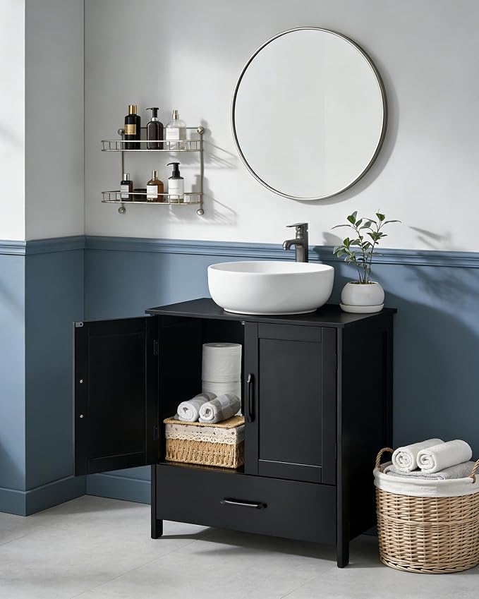 Bathroom Vanity Sink Cabinet, Under Sink Storage Cabinet with 2 Doors, Waterproof Pedestal Sink Cabinet for Bathroom, Laundry Room, Kitchen, Black with Drawer
