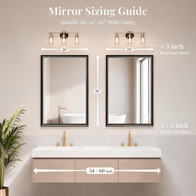 2 Pack Black Bathroom Mirrors for Over Sink 24x36 Inch | Inner Arc Aluminum Frame Rectangle Vanity Mirror Set for Double Sink, HD Tempered Glass, Anti-Rust, Horizontal or Vertical