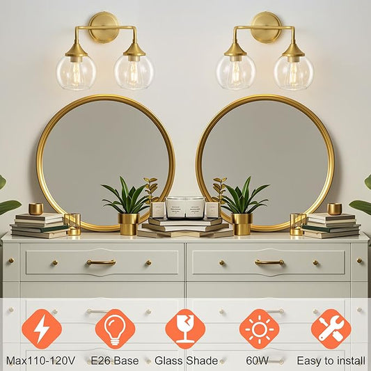 Gold Bathroom Vanity Light with Clear Glass Shade, E26 Base, 2-Light Bathroom Light Fixtures Over Mirror, 14 Inch Vanity Lights for Bathroom (Exclude E26 Bulb)