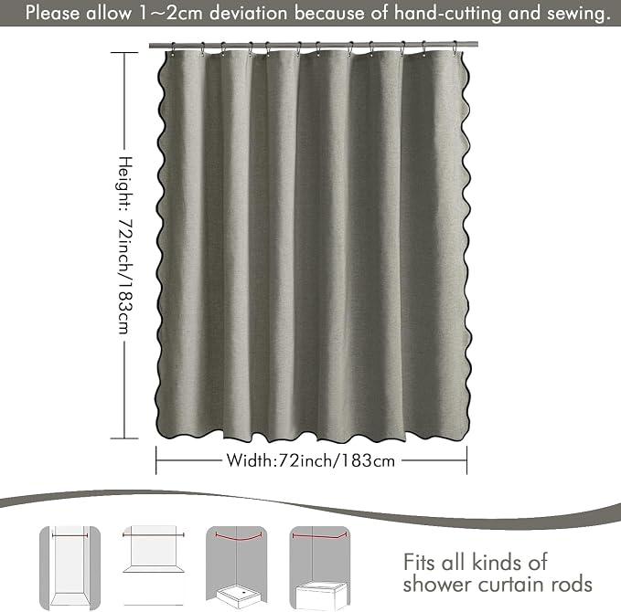 MIULEE Grey Scalloped Linen Shower Curtain 72x72 Inches | Linen Textured, Waterproof, Washable, 12 Metal Hooks, Heavy Duty Cloth, Black Border, Shower Curtain for Bathroom Bathtub