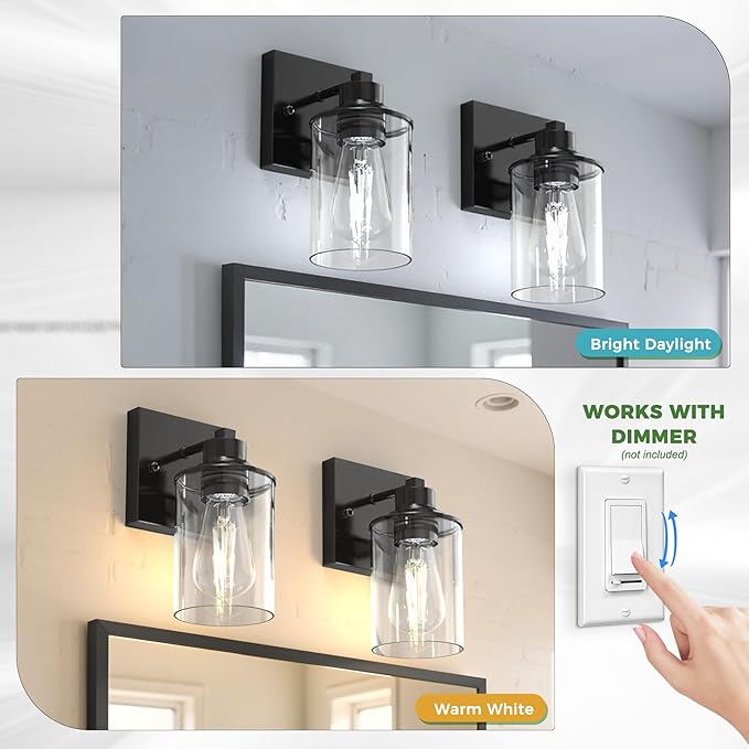 Black Wall Sconces Set of 2 Bathroom Vanity Light | Modern Wall Sconces Set of 2, Clear Glass Shade Vanity Light Fixture, Bathroom Wall Light for Bedroom Hallway Kitchen