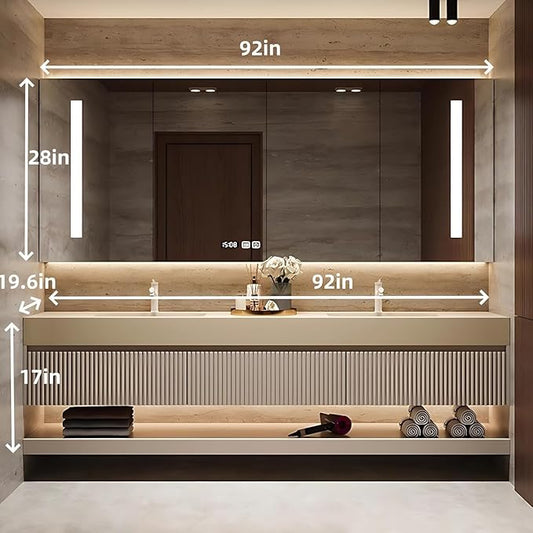 Modern Floating Bathroom Vanity with Double Sinks, Intelligent Defogging and Led Light, 92in Wood Bathroom Vanities, Wall-Mounted Storage Cabinet
